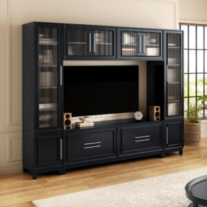 VIBE HAUS 102 W Wall Unit Modern Entertainment Center With Glass Doors For TVs Up To 75, Large Minimalist TV Stand Media Console With Drawers For Living Room