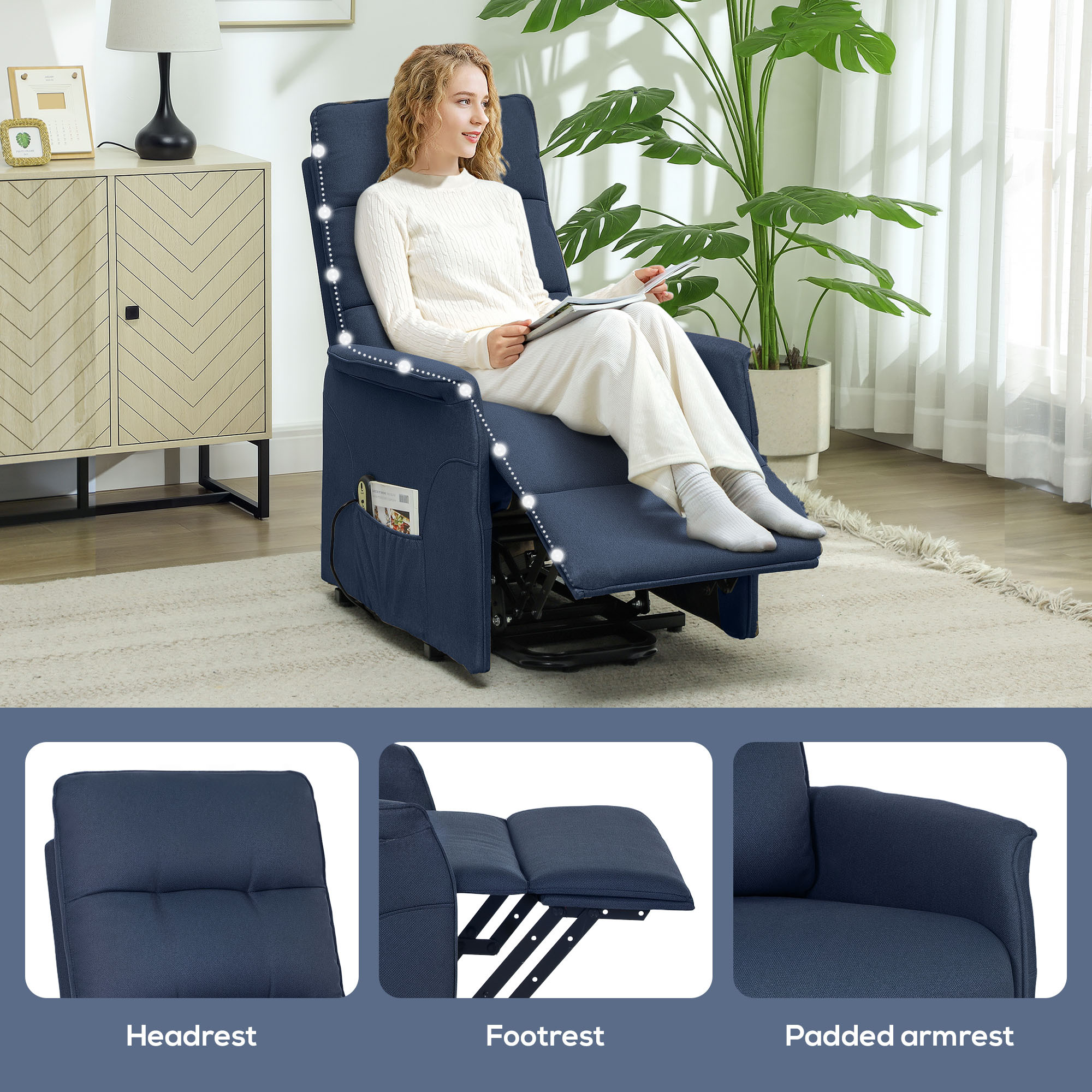 Power Lift Chair for Elderly, Fabric Recliner Sofa with Remote Control, Side Pockets, Quick Assembly, Deep Blue - Image 3