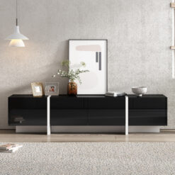 ON-TREND White & Black Contemporary Rectangle Design TV Stand, Unique Style TV Console Table For TVs Up To 80'', Modern TV Cabinet With High Gloss UV Surface For Living Room.