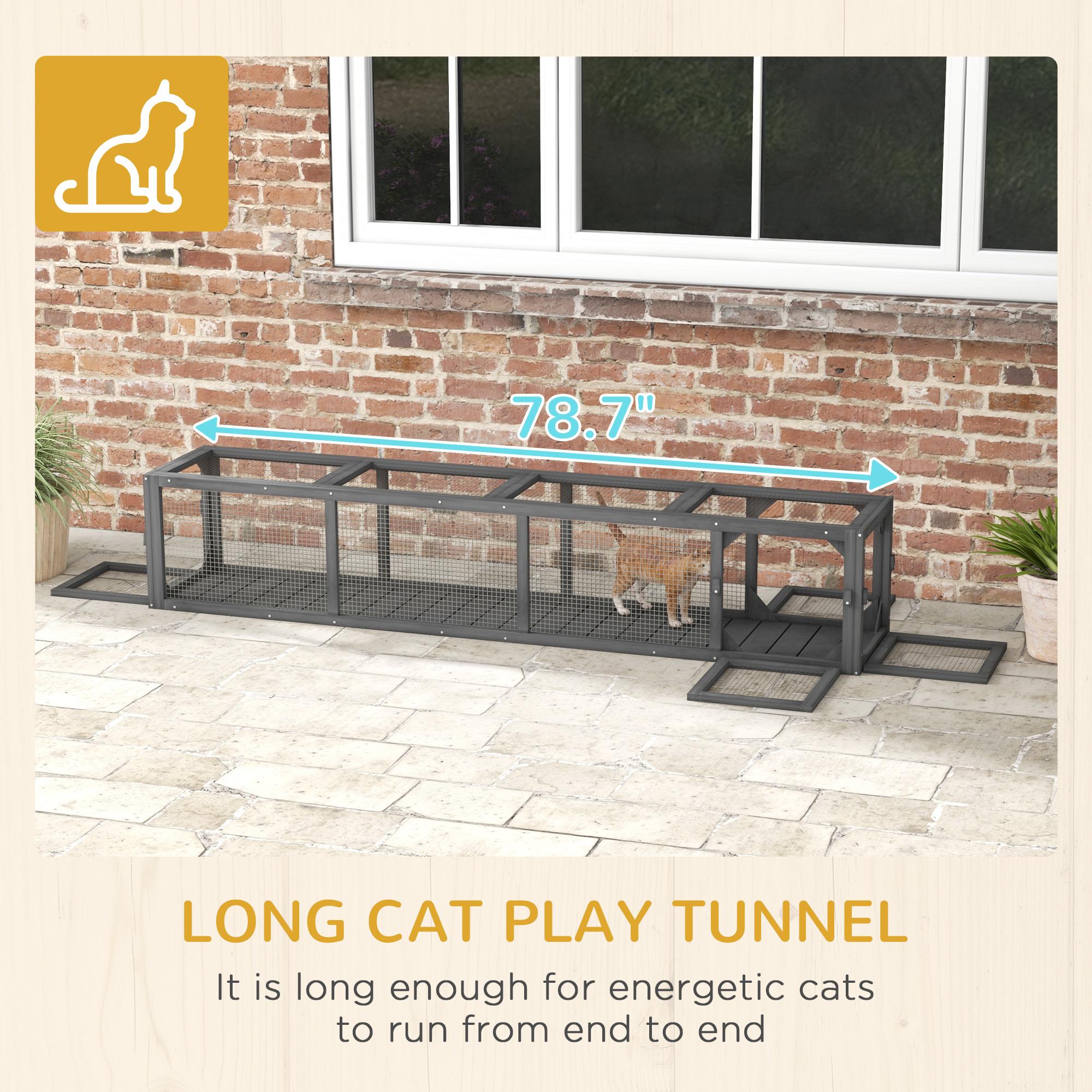 Wooden Cat Run with Weather Protection, Connecting Inside and Outside, 79"L x 15"W x 15"H, Dark Gray - Image 6