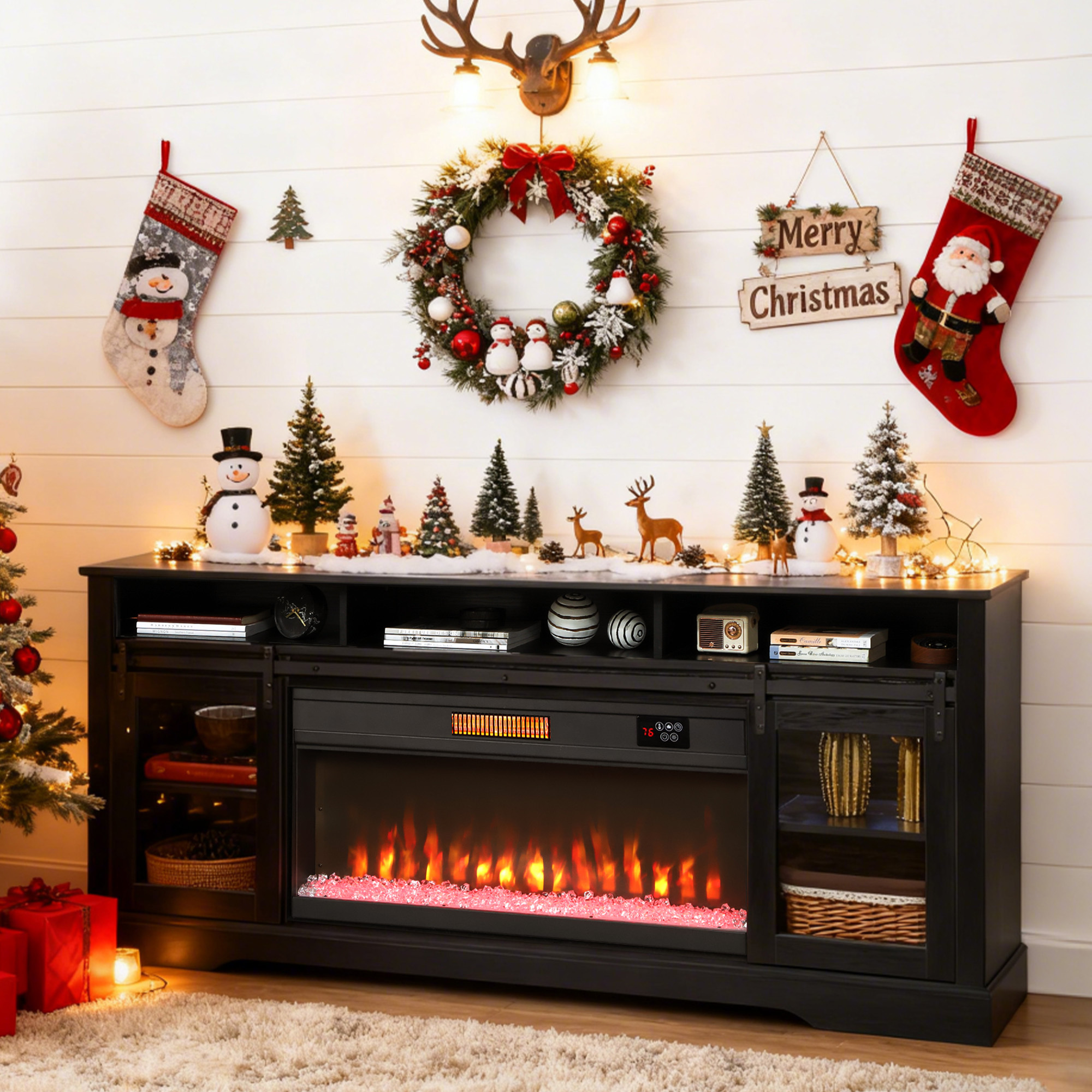 Fireplace TV Stand for TVs Up to 80 Inch, TV Console with Electric Fireplace, Open Storage and Side Cabinets, Black - Image 4