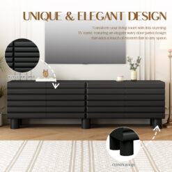 Alternative view of Stylish Thick Wavy Door TV Cabinet With Adjustable Shelves, Cream Style TV Stand With 4 Cabinets For TVs Up To 75 Solid Media Console With Cylindrical Legs And Cable Holes For Living Room, Black