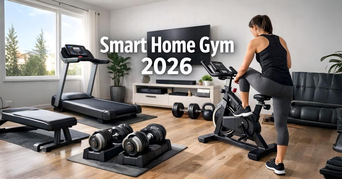 home fitness equipment setup with treadmill, stationary exercise bike, and strength training equipment in a modern home gym