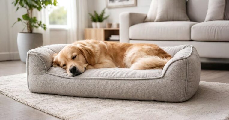 Plush dog bed providing comfort and full-body support for a resting dog