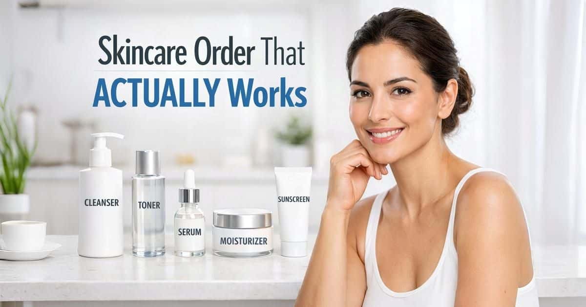skincare order step by step showing cleanser toner serum moisturizer and sunscreen