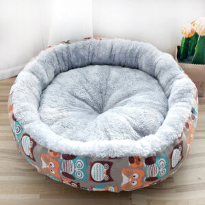 round cat bed soft plush donut design grey with cartoon print